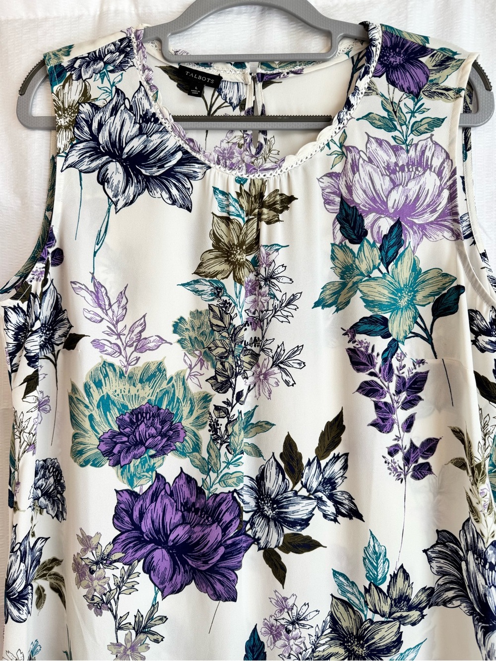 Talbots Cream Floral Sleeveless Shell Top - Purple & Teal Bloom